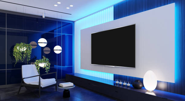 Modern and minimalist living room with 8K TV flat screen wall-mounted. Modern armchairs. 3d renderings.